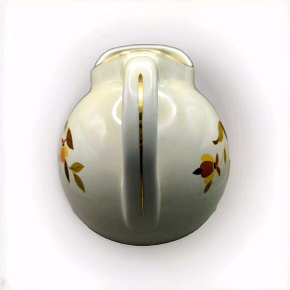Vtg Hall Jewel Tea Autumn Leaf BALL Pitcher 7 1/2" tall Ice Lip Gold Rim 80 oz. - Picture 9 of 9